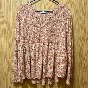 Sonoma Smocked Peasant Blouse 1X Floral Boho Babydoll Top Long Sleeve